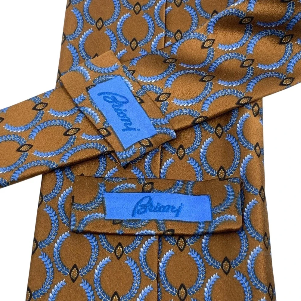 Brioni Men's Handmade Silk Tie Brown Blue Circle Leaf Design Designer‎ Necktie